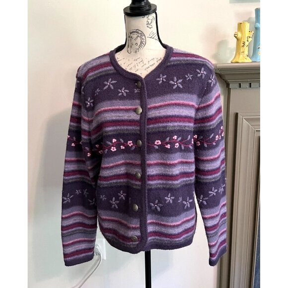 Tally-Ho Purple Striped Floral 100% Wool Button Down Cardigan Medium - Picture 1 of 8